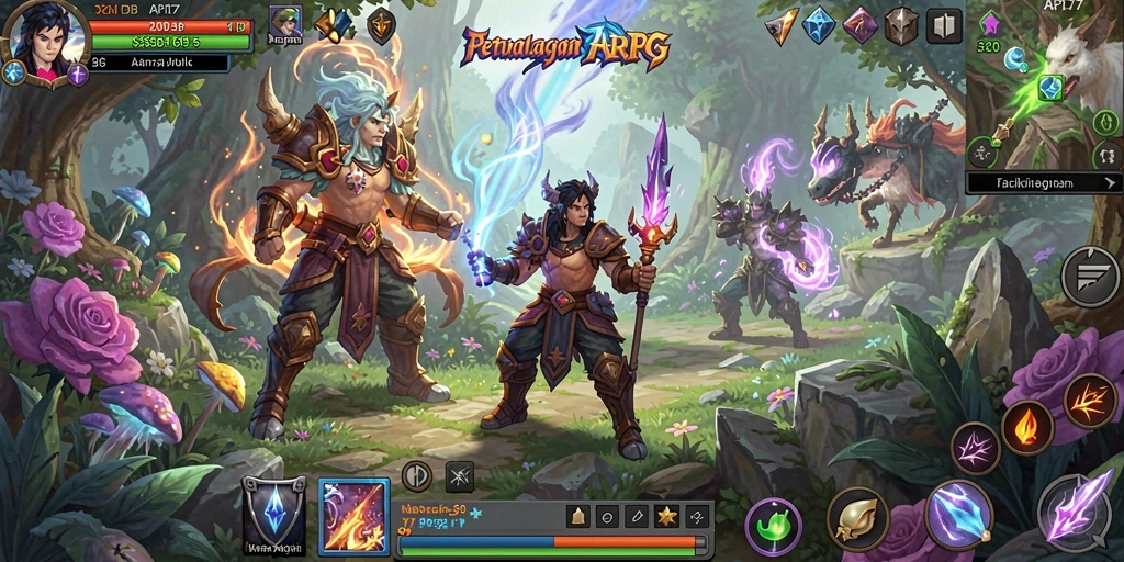 Tangkapan layar gameplay ARPG menunjukkan aksi seru dan karakter yang kuat.