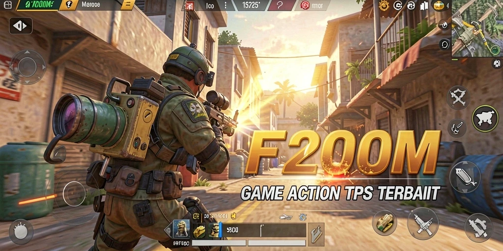 Screenshot utama F200M menampilkan aksi tembak-menembak yang menegangkan dalam gameplay TPS.