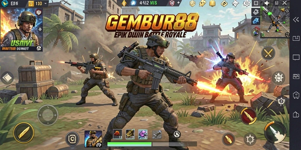 Gameplay menegangkan dalam GEMBUR88 saat bertempur di arena Battle Royale.