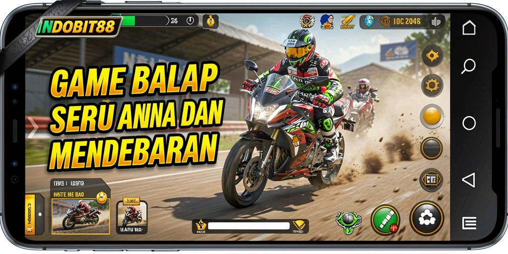 Tampilan menarik gameplay balap motor INDOBIT88 yang seru.