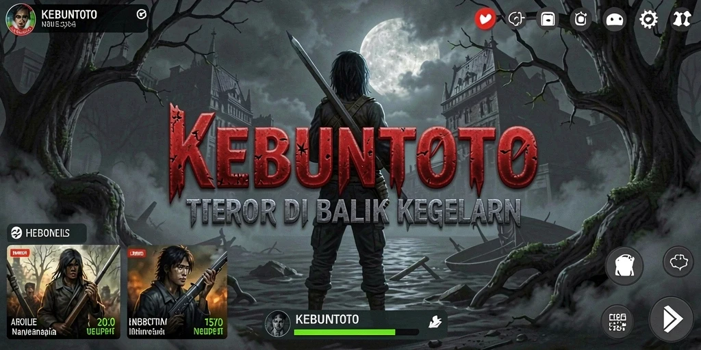 Screenshot gameplay KEBUNTOTO menampilkan suasana horor yang mencekam.