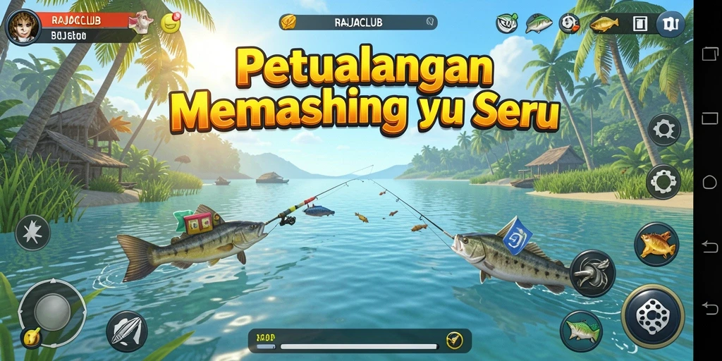 Screenshot gameplay RAJACLUB menampilkan momen menangkap ikan yang seru.