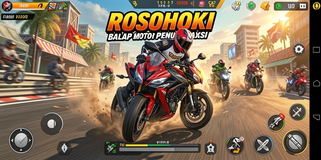 Tampilan gameplay <strong>ROSOHOKI</strong> saat balapan motor yang mendebarkan.