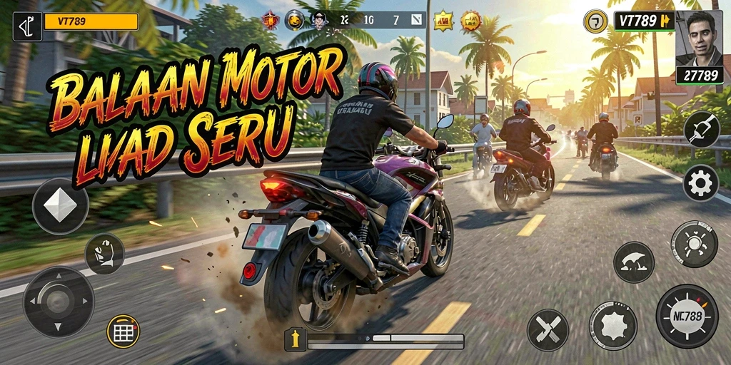 Screenshot VT789 menampilkan balapan motor yang intens dan mendebarkan.