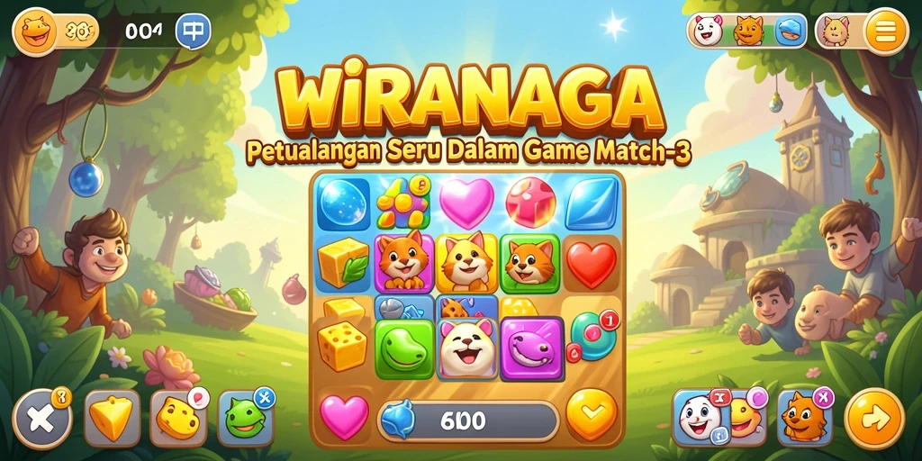 Tangkapan layar gameplay WIRANAGA menampilkan aksi Match-3 yang seru.